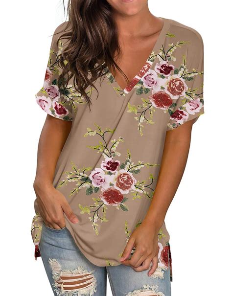 Fantaslook V Neck T Shirts For Women Floral Summer Tops Short Sleeve