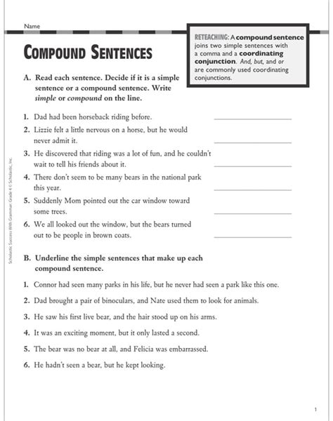 Compound Sentences Grammar Practice Grade 4 Printable Test Prep