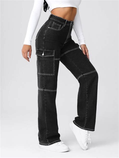 Shein High Waist Flap Pocket Whip Stitch Jeans Shein Usa