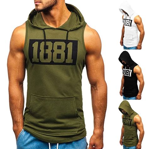 Men Fitness Muscle Print Sleeveless Hooded Bodybuilding Pocket Tight