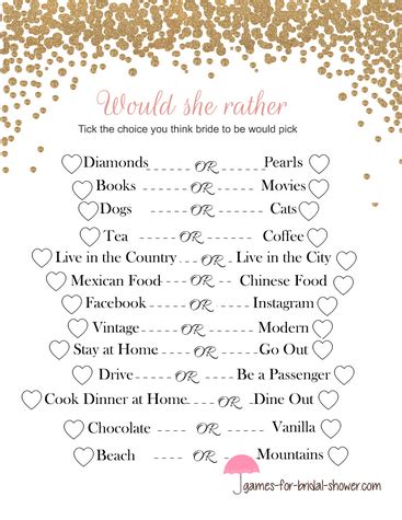 Free Printable Would She Rather Bridal Shower Game