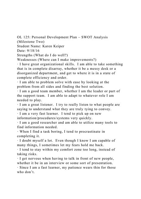 OL 125 Personal Development Plan SWOT Analysis Milestone T Docx