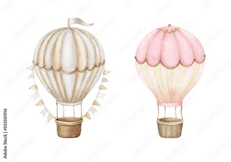 Pink Brown Hot Air Balloonswatercolor Illustration Isolated On White