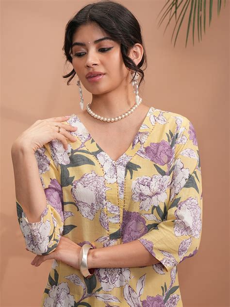 Buy Vishudh Floral Printed Flared Sleeves Cotton Thread Work Kurta Kurtas For Women 27479106