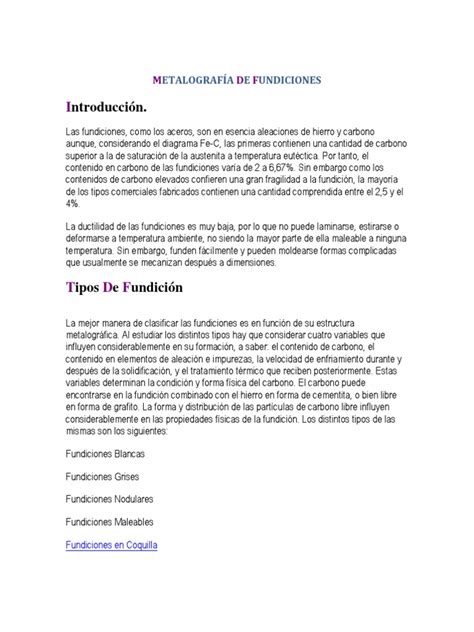 Metalografía De Fundiciones Pdf Fundición Hierro