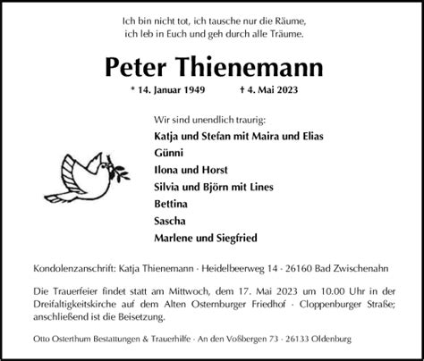 Traueranzeigen Von Peter Thienemann Nordwest Trauer De