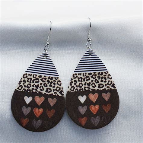 Droplet Shape Leopard Pattern Heart Print Dangle Earrings Temu United