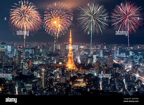 Tokyo at night, Fireworks new year celebrating over tokyo cityscape at ...