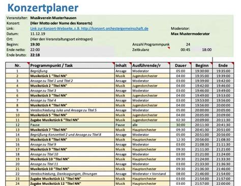 Konzertplaner Excel für Musikvereine Orchester Gratis Download