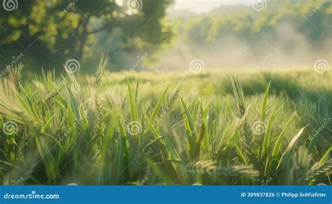 Lush Green Wheat Field Under A Sunny Sky Perfect For Agriculture And