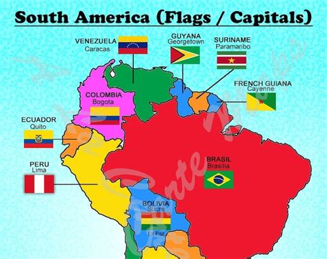 Digital Map Of All South American Countries With Their Flags And Their Capital Cities Etsy Uk