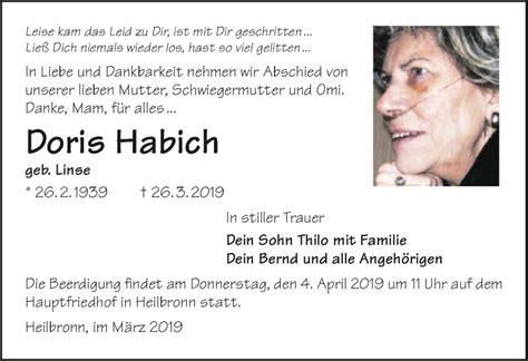 Traueranzeigen Von Doris Habich Trauerundgedenken De