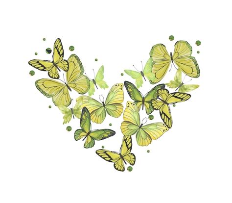 Mariposas Acuarelas En Forma De Coraz N En Amarillo Y Verde Vector