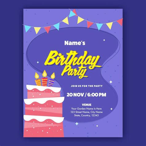 Birthday Party Invitation Card With Lit Candles On Delicious Cake And ...