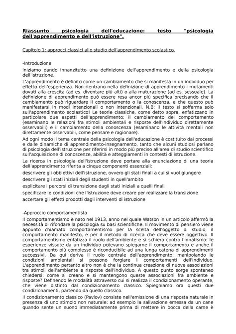 Riassunto Psicologia Dell Educazione Psicologia Dell Apprendimento E