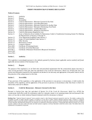 Fillable Online CREDIT FOR REINSURANCE MODEL REGULATION Table Of