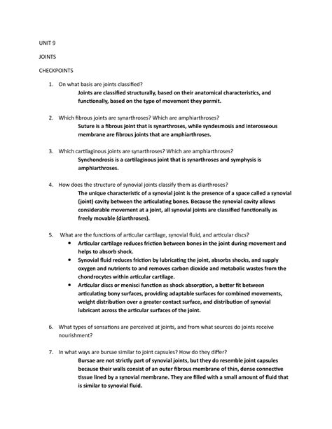 Unit Joints Checklist Answer Principle Of Anatomy And Physiology