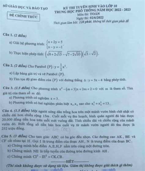 Đề Thi Vào Lớp 10 Môn Toán Tỉnh Bình Dương Năm 2022 đầy đủ Nhất