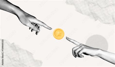 Trendy Halftone Collage Two Hands Pointing To Golden Coin Online