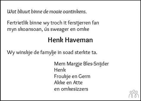 Hendrik Jelle Henk Haveman 27 09 2022 Overlijdensbericht En