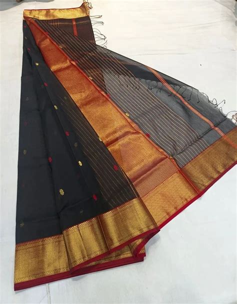 Party Wear Maheshwari Black Silk Cotton Sarees With Blouse Piece 6 2