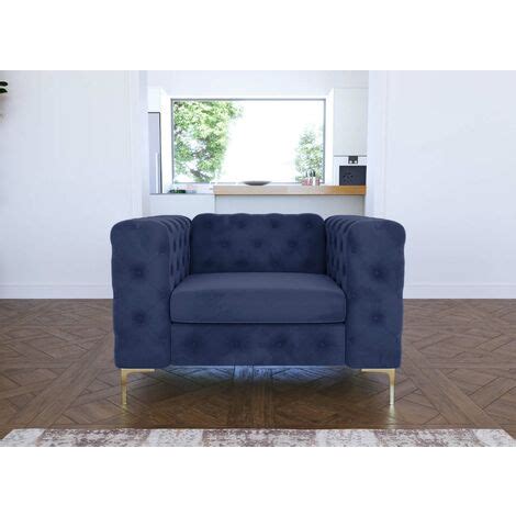 Fauteuil Capitonn Chesterfield Velours Bleu Fonc Et Pieds En M Tal