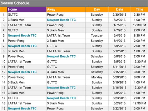 Newport Beach Table tennis League Schedule | 1st Division