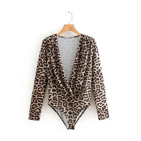 Women Sexy Cross V Neck Leopard Print Bodysuits Shirt Female Animal