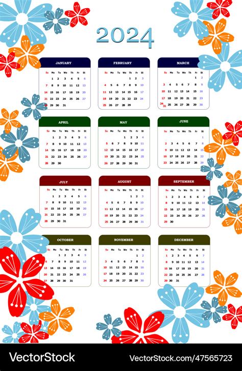 2024 calendar 3d color Royalty Free Vector Image