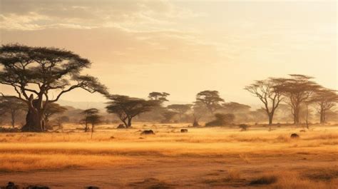 Premium AI Image | A photo of a savanna with scattered trees hazy sunlight