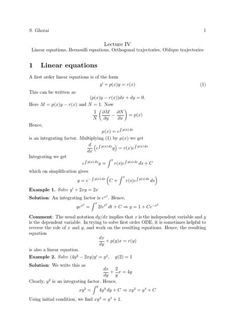 Lecture 4 Linear Equations Orthogonal Trajectories Pdf Ordinary