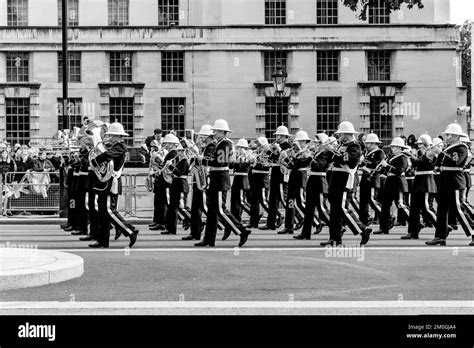 A British Army Royal Marines Band Performs During The Queen Elizabeth Ii Funeral Procession