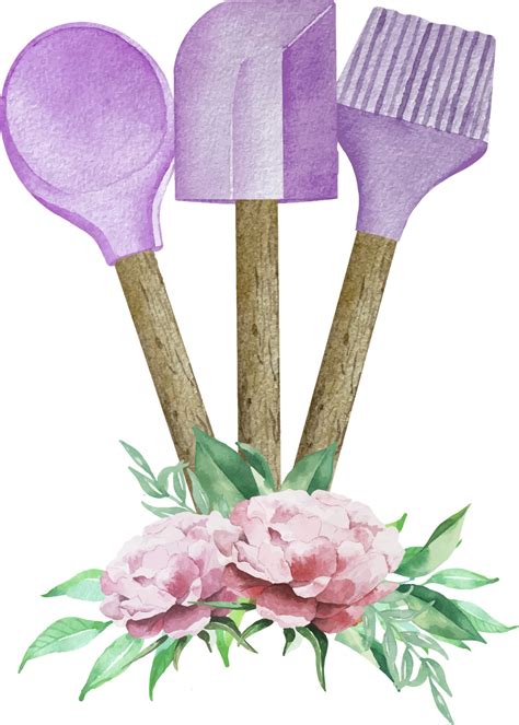 Watercolor Illustration Of Purple Bakery With Whisk Spoon And Spatula