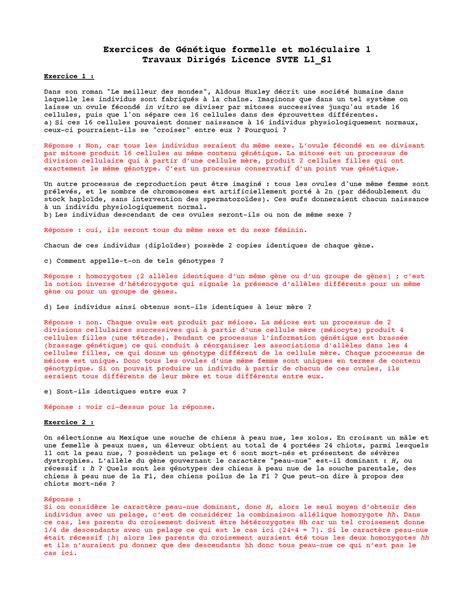 Corrections correction exo TD Exercices de Génétique formelle et