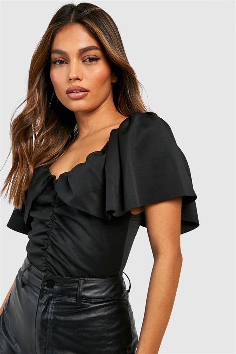 Womens Black Scuba Ruffle Volume Sleeve Bodysuit Boohoo Uk