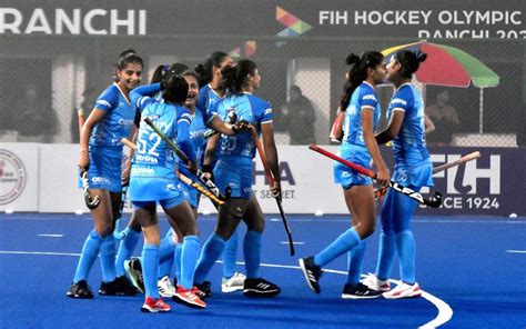 India’s women’s hockey players (Blue) and Germany (White) during Semi Final match for FIH ...