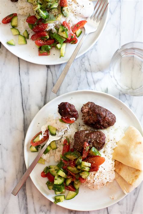 Ground Beef Kofta Rice Bowls with Yogurt Sauce and Fresh Salad