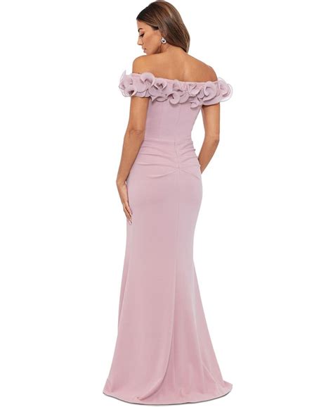 Xscape Womens Scuba Crepe Ruffled Off The Shoulder Fit And Flare Gown