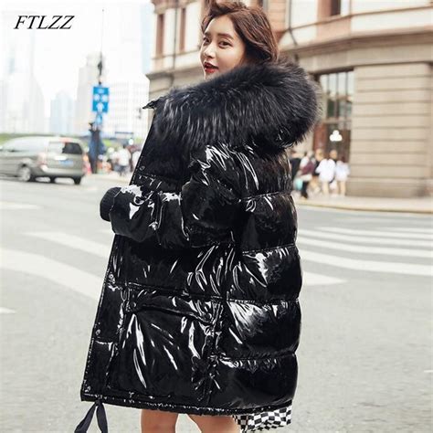 FTLZZ Large Real Natural Fur Patent Leather Winter Jacket Winter