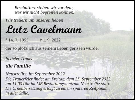 Traueranzeigen Von Lutz Cavelmann Trauer Nordkurier