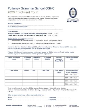 Fillable Online Pulteney Grammar School Oshc Enrolment Form Fax