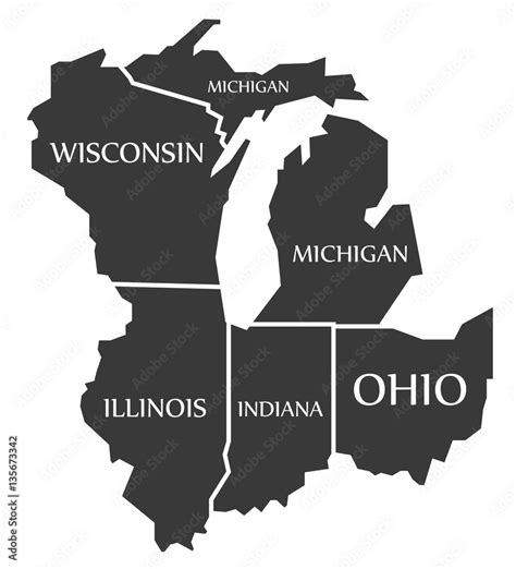 Michigan Wisconsin Illinois Indiana Ohio Map Labelled Black