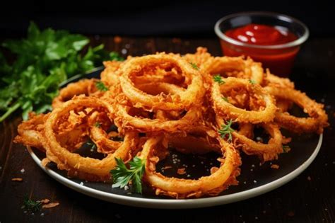 Aros De Cebolla Caseros Con Salsa De Tomate Fritos Y Crujientes Foto