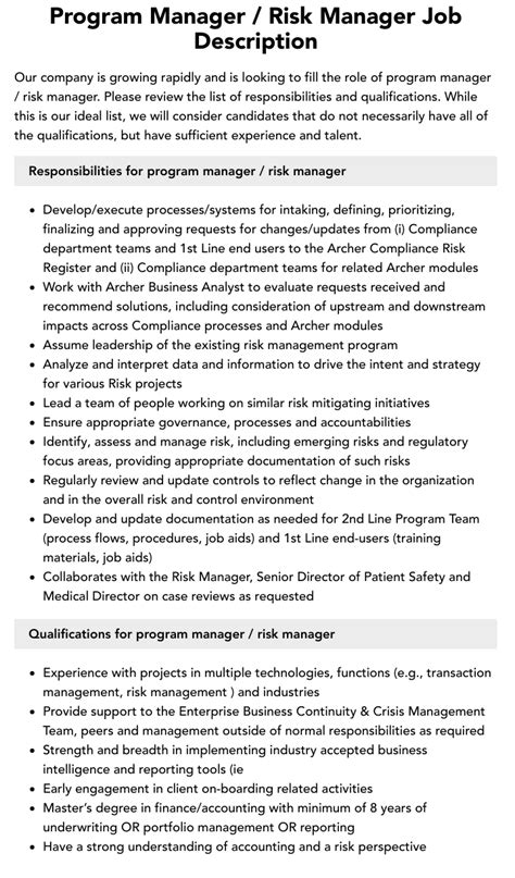 Program Manager Risk Manager Job Description Velvet Jobs