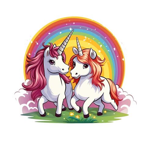 Premium Photo Cartoon Unicorns With Rainbow In The Background Generative Ai