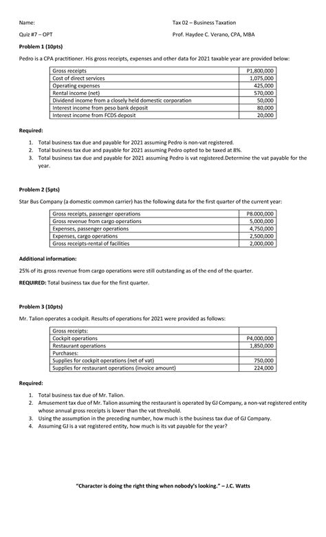 Quiz 7 OTHER PERCENTAGE TAXES Problem Name Tax 02 Business