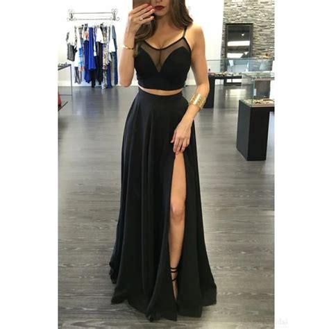 Elegante 2017 Sexy Dos Piezas Negro Dividir Vestidos Tirantes Delgados