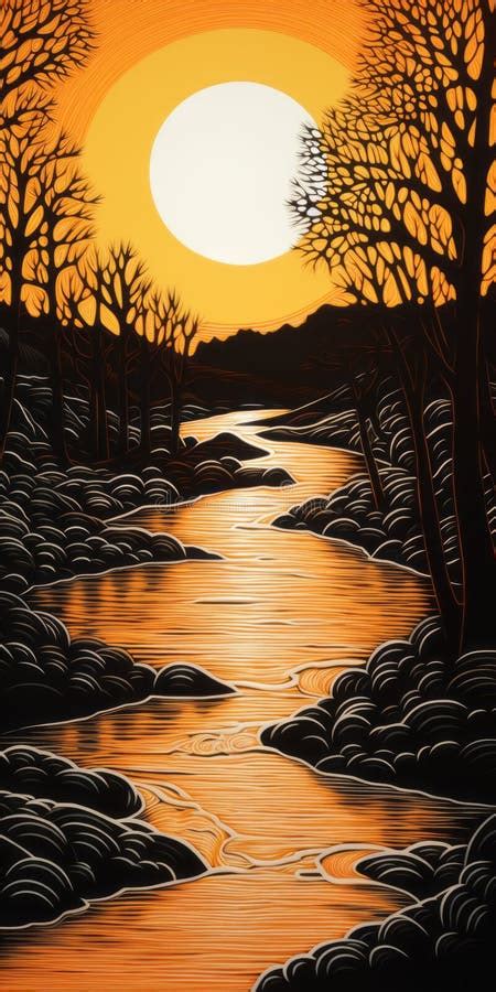 River and Trees at Sunset: a Dark and Symbolic Illustration Stock Illustration - Illustration of ...