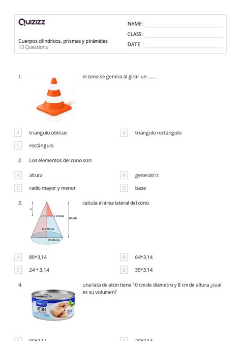 50 Volumen De Un Cono Hojas De Trabajo Para Grado 5 En Quizizz