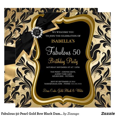 Fabulous 50 Pearl Gold Bow Black Damask Invite Fabulous 50 Elite Womans